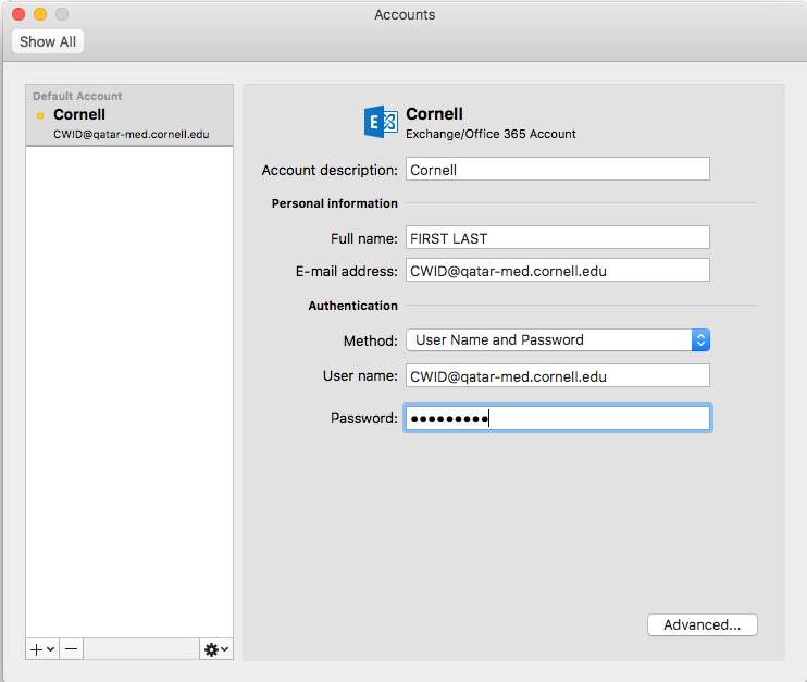 outlook for mac account settings exchange